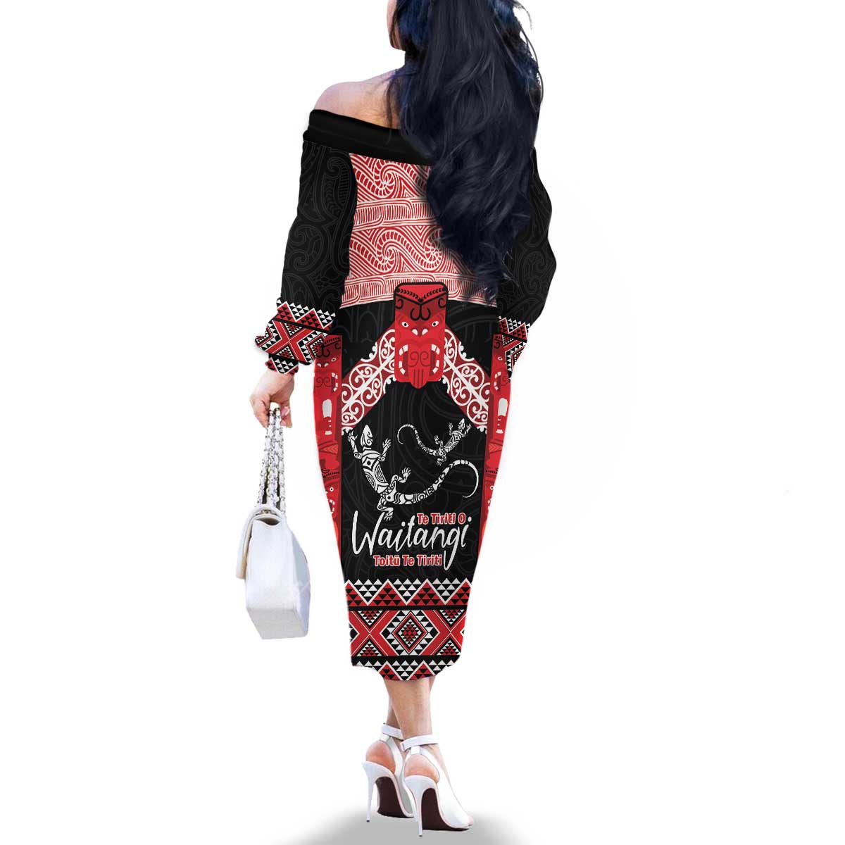 Toitu Te Tiriti O Waitangi Family Matching Off The Shoulder Long Sleeve Dress and Hawaiian Shirt Maori Wharenui With Taniko Motifs LT14 - Polynesian Pride