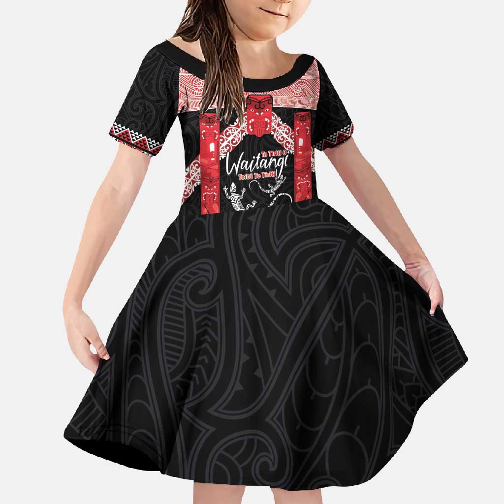 Toitu Te Tiriti O Waitangi Family Matching Off Shoulder Maxi Dress and Hawaiian Shirt Maori Wharenui With Taniko Motifs LT14 Daughter's Dress Red - Polynesian Pride