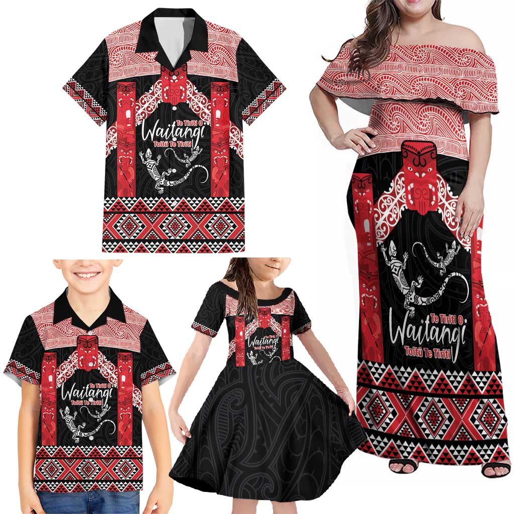 Toitu Te Tiriti O Waitangi Family Matching Off Shoulder Maxi Dress and Hawaiian Shirt Maori Wharenui With Taniko Motifs LT14 - Polynesian Pride