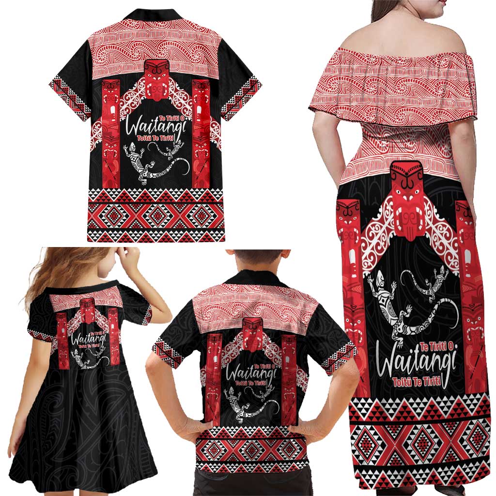 Toitu Te Tiriti O Waitangi Family Matching Off Shoulder Maxi Dress and Hawaiian Shirt Maori Wharenui With Taniko Motifs LT14 - Polynesian Pride