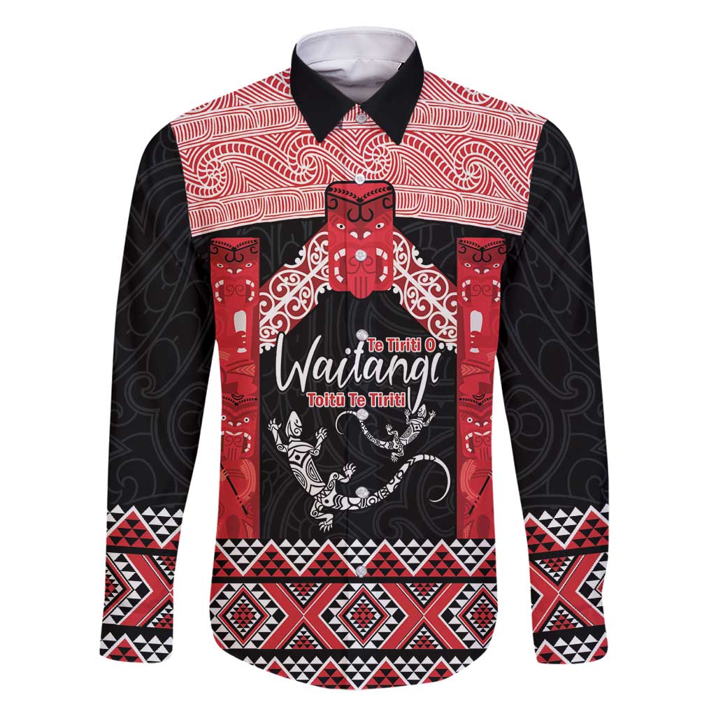 Toitu Te Tiriti O Waitangi Family Matching Off Shoulder Maxi Dress and Hawaiian Shirt Maori Wharenui With Taniko Motifs LT14 Dad's Shirt - Long Sleeve Red - Polynesian Pride