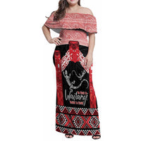 Toitu Te Tiriti O Waitangi Family Matching Off Shoulder Maxi Dress and Hawaiian Shirt Maori Wharenui With Taniko Motifs LT14 Mom's Dress Red - Polynesian Pride