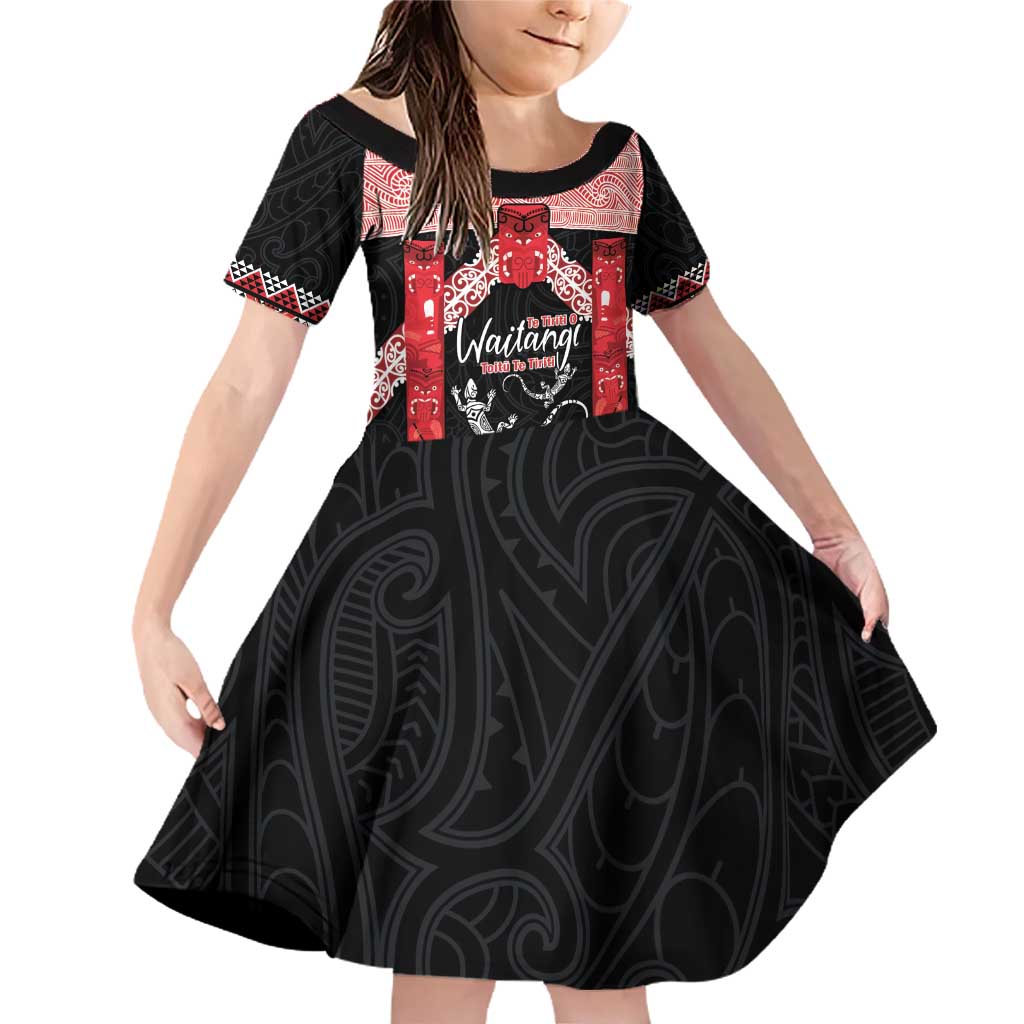 Toitu Te Tiriti O Waitangi Family Matching Off Shoulder Short Dress and Hawaiian Shirt Maori Wharenui With Taniko Motifs LT14 Daughter's Dress Red - Polynesian Pride