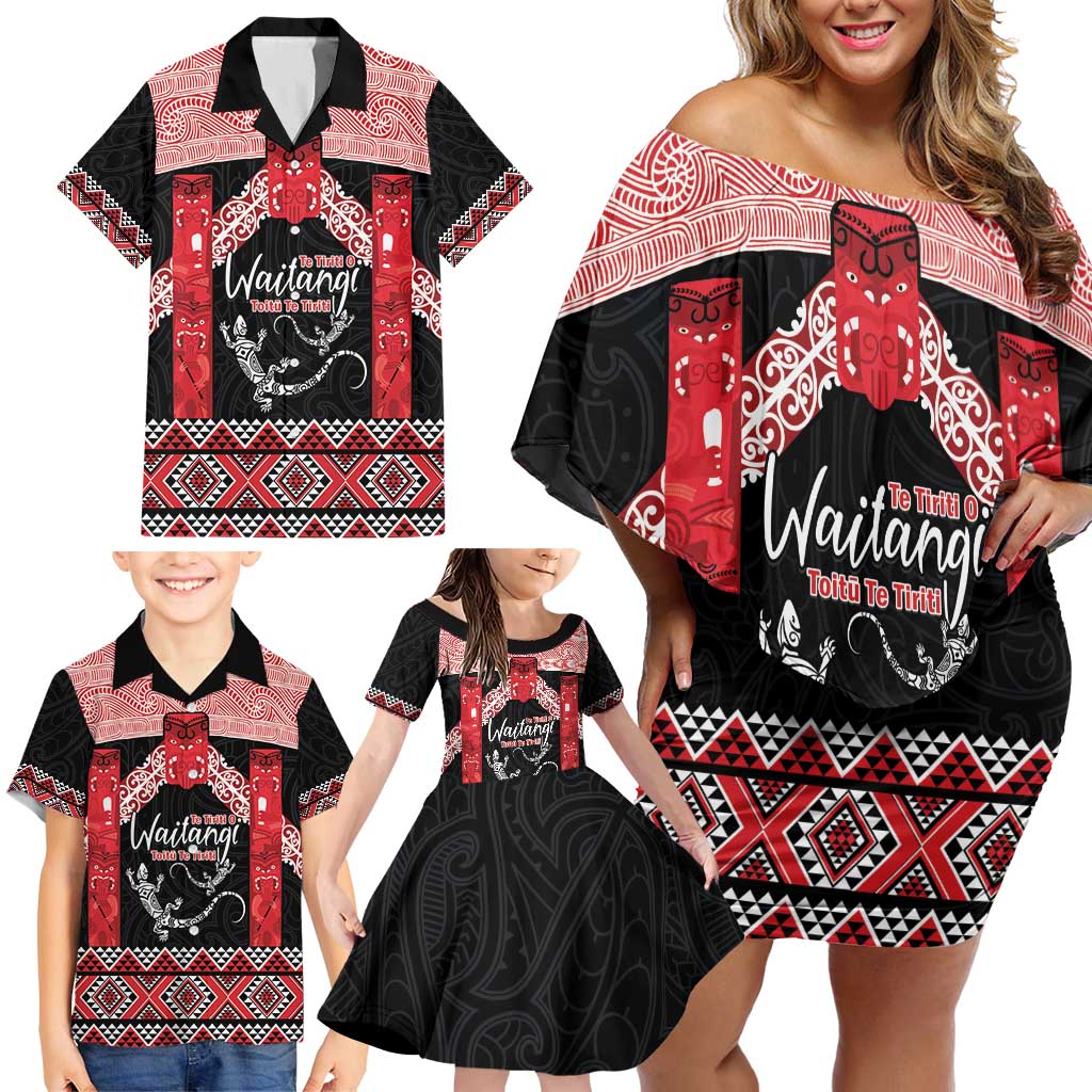 Toitu Te Tiriti O Waitangi Family Matching Off Shoulder Short Dress and Hawaiian Shirt Maori Wharenui With Taniko Motifs LT14 - Polynesian Pride