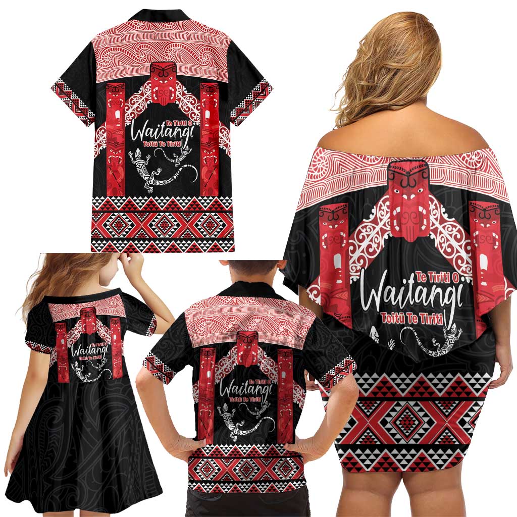 Toitu Te Tiriti O Waitangi Family Matching Off Shoulder Short Dress and Hawaiian Shirt Maori Wharenui With Taniko Motifs LT14 - Polynesian Pride