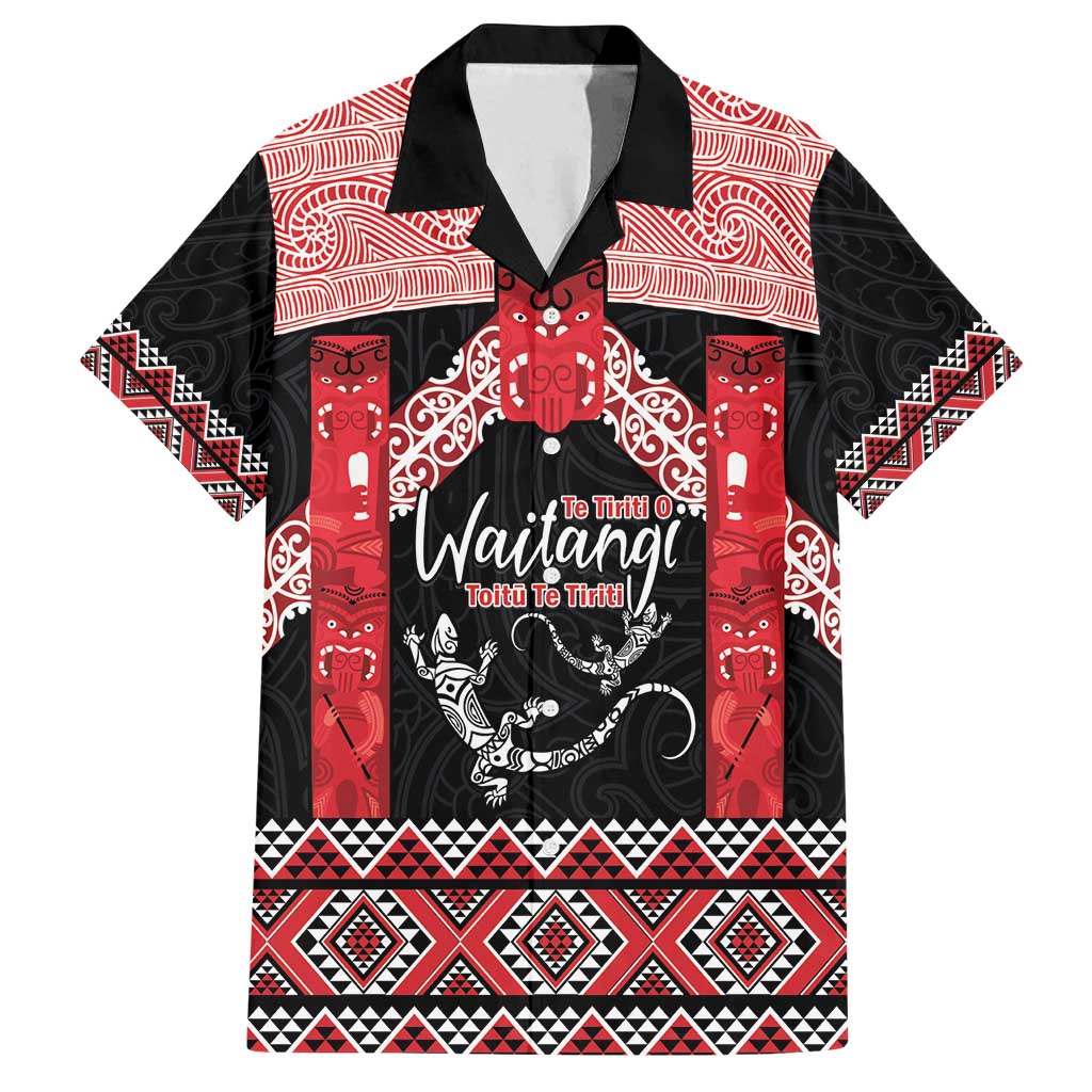 Toitu Te Tiriti O Waitangi Family Matching Off Shoulder Short Dress and Hawaiian Shirt Maori Wharenui With Taniko Motifs LT14 Dad's Shirt - Short Sleeve Red - Polynesian Pride