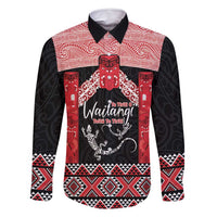 Toitu Te Tiriti O Waitangi Family Matching Off Shoulder Short Dress and Hawaiian Shirt Maori Wharenui With Taniko Motifs LT14 Dad's Shirt - Long Sleeve Red - Polynesian Pride