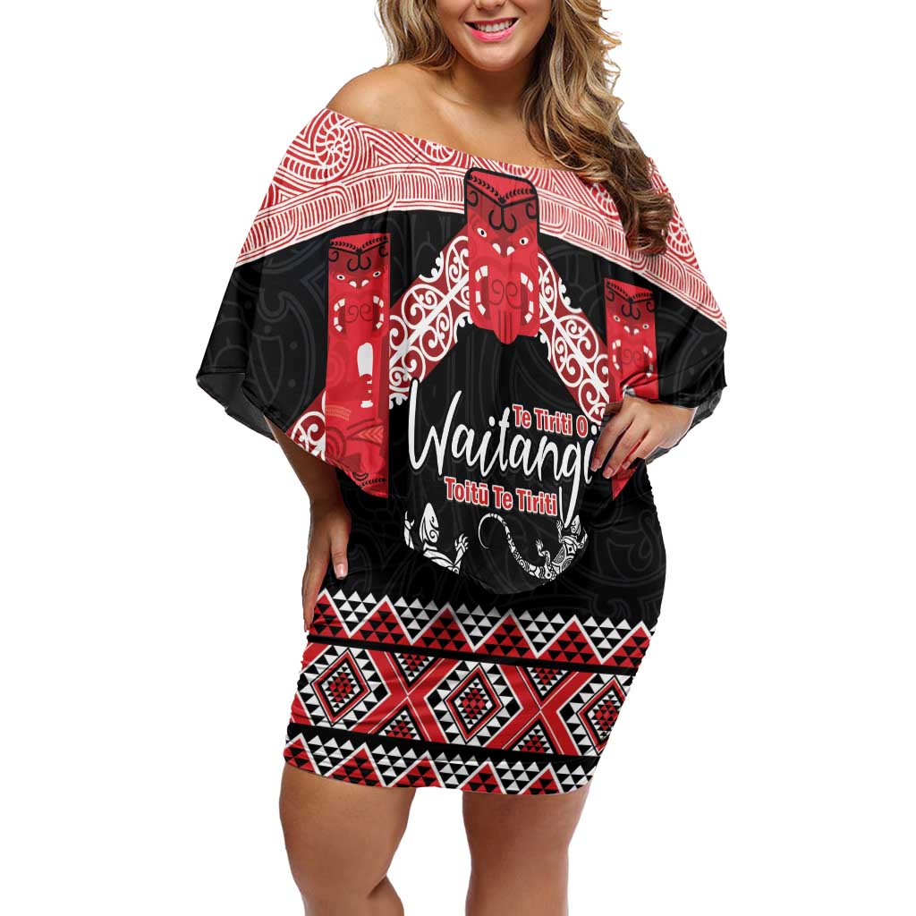 Toitu Te Tiriti O Waitangi Family Matching Off Shoulder Short Dress and Hawaiian Shirt Maori Wharenui With Taniko Motifs LT14 Mom's Dress Red - Polynesian Pride