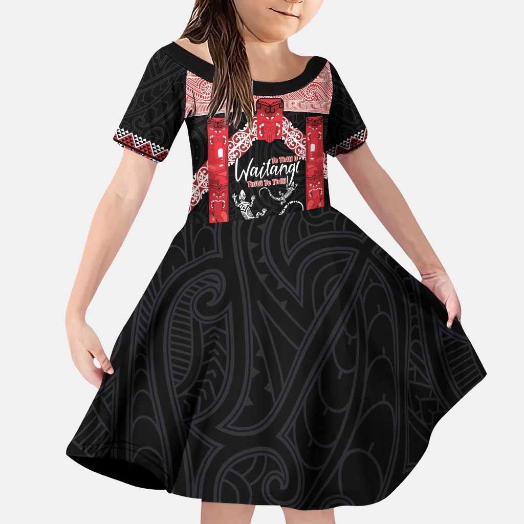 Toitu Te Tiriti O Waitangi Family Matching Puletasi and Hawaiian Shirt Maori Wharenui With Taniko Motifs LT14 Daughter's Dress Red - Polynesian Pride