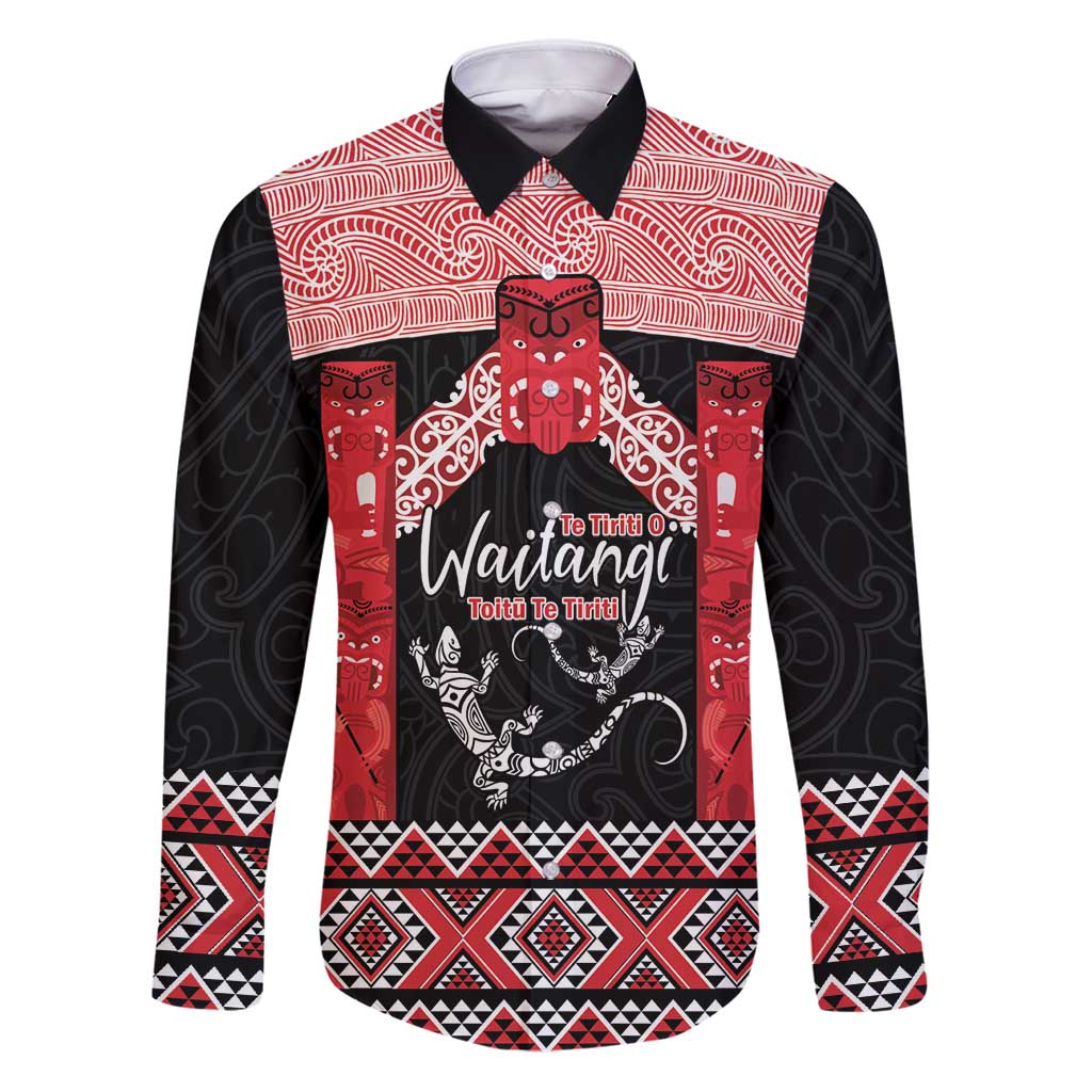 Toitu Te Tiriti O Waitangi Family Matching Puletasi and Hawaiian Shirt Maori Wharenui With Taniko Motifs LT14 Dad's Shirt - Long Sleeve Red - Polynesian Pride