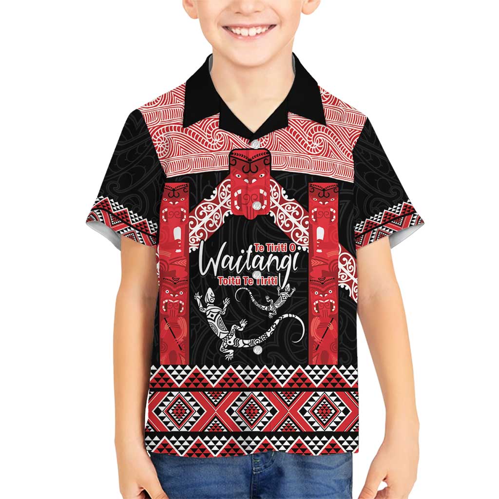 Toitu Te Tiriti O Waitangi Family Matching Puletasi and Hawaiian Shirt Maori Wharenui With Taniko Motifs LT14 Son's Shirt Red - Polynesian Pride