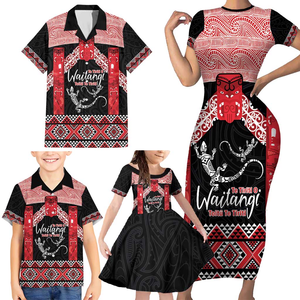 Toitu Te Tiriti O Waitangi Family Matching Short Sleeve Bodycon Dress and Hawaiian Shirt Maori Wharenui With Taniko Motifs LT14 - Polynesian Pride