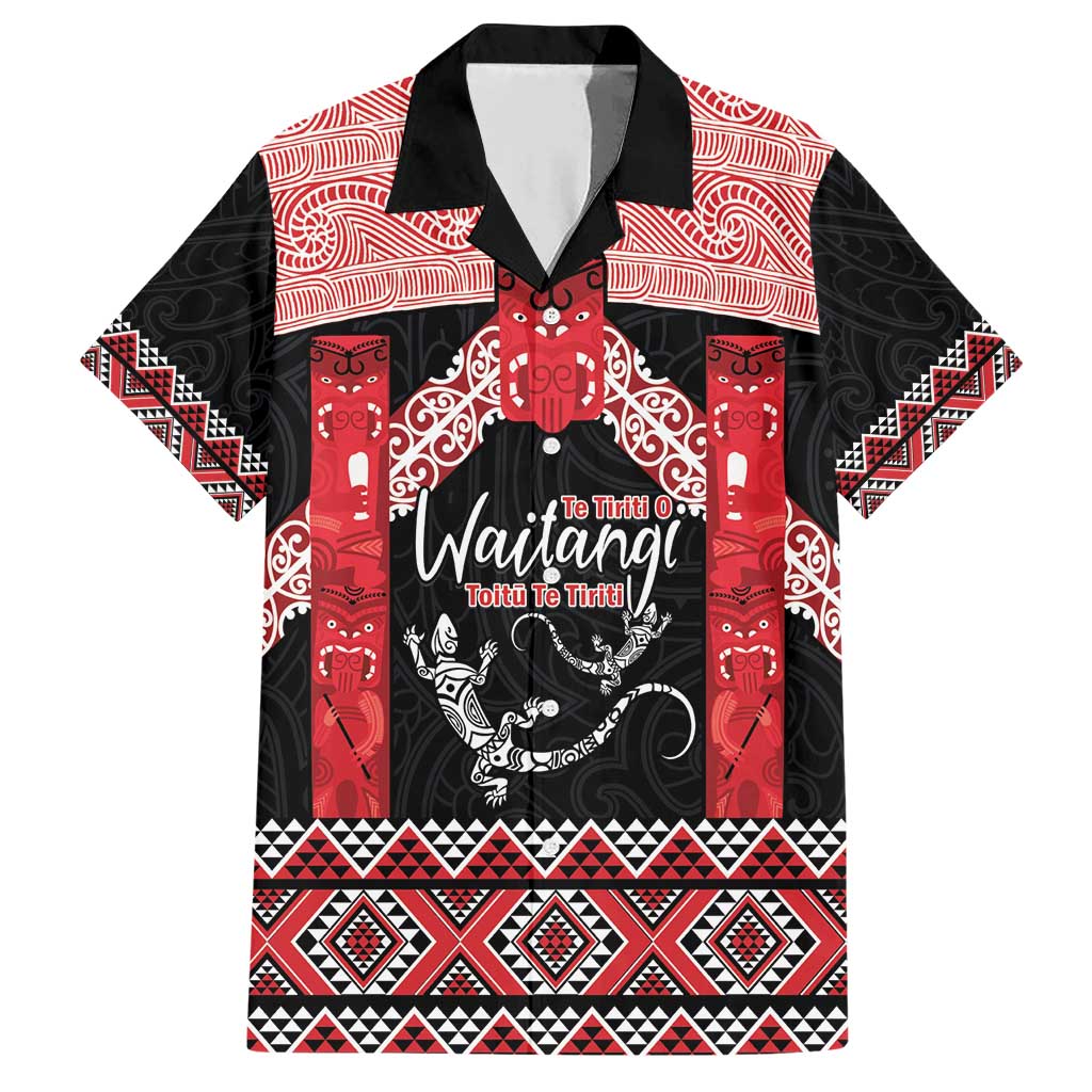 Toitu Te Tiriti O Waitangi Family Matching Short Sleeve Bodycon Dress and Hawaiian Shirt Maori Wharenui With Taniko Motifs LT14 Dad's Shirt - Short Sleeve Red - Polynesian Pride