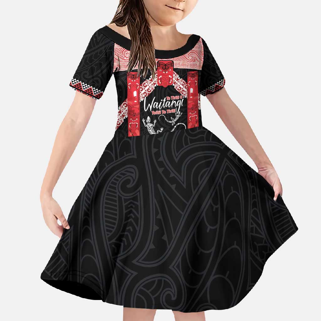Toitu Te Tiriti O Waitangi Family Matching Tank Maxi Dress and Hawaiian Shirt Maori Wharenui With Taniko Motifs LT14 Daughter's Dress Red - Polynesian Pride