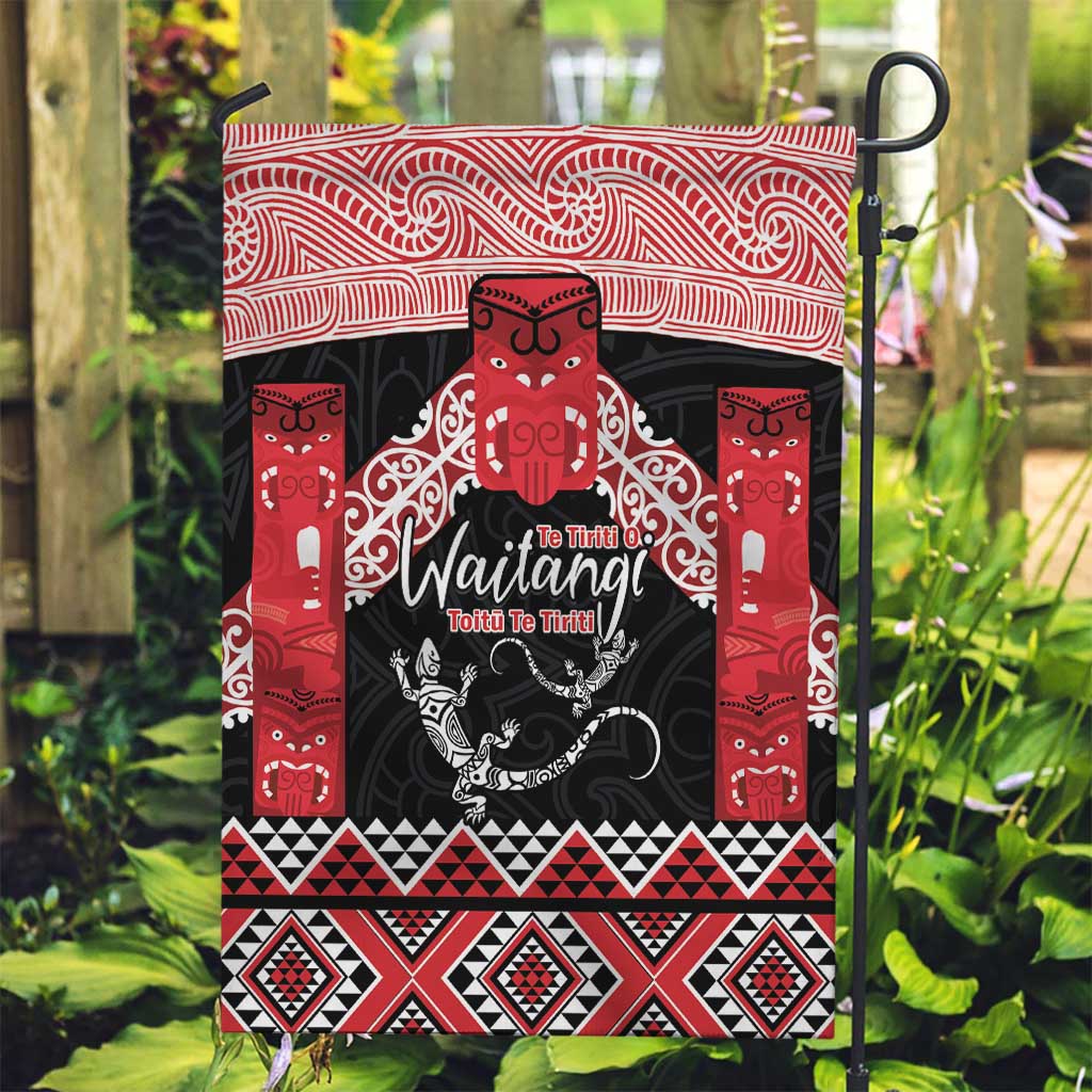 Toitu Te Tiriti O Waitangi Garden Flag Maori Wharenui With Taniko Motifs