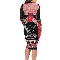 Toitu Te Tiriti O Waitangi Long Sleeve Bodycon Dress Maori Wharenui With Taniko Motifs LT14 - Polynesian Pride