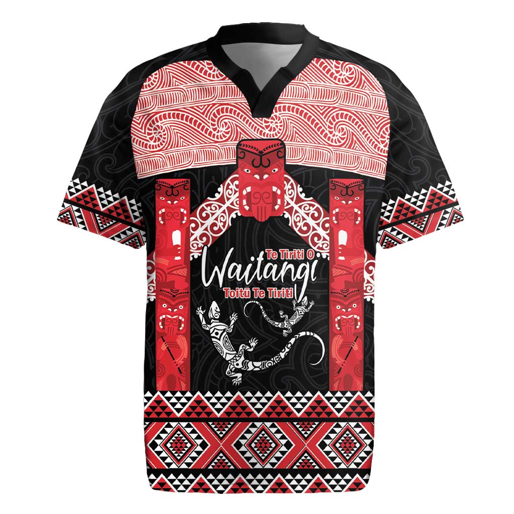 Toitu Te Tiriti O Waitangi Rugby Jersey Maori Wharenui With Taniko Motifs LT14 Red - Polynesian Pride