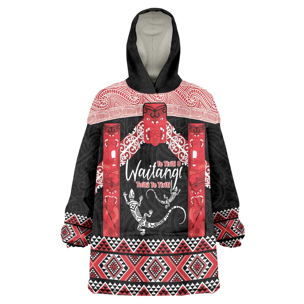 Toitu Te Tiriti O Waitangi Wearable Blanket Hoodie Maori Wharenui With Taniko Motifs LT14 One Size Red - Polynesian Pride