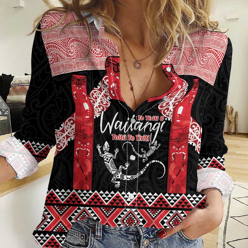 Toitu Te Tiriti O Waitangi Women Casual Shirt Maori Wharenui With Taniko Motifs LT14 Female Red - Polynesian Pride