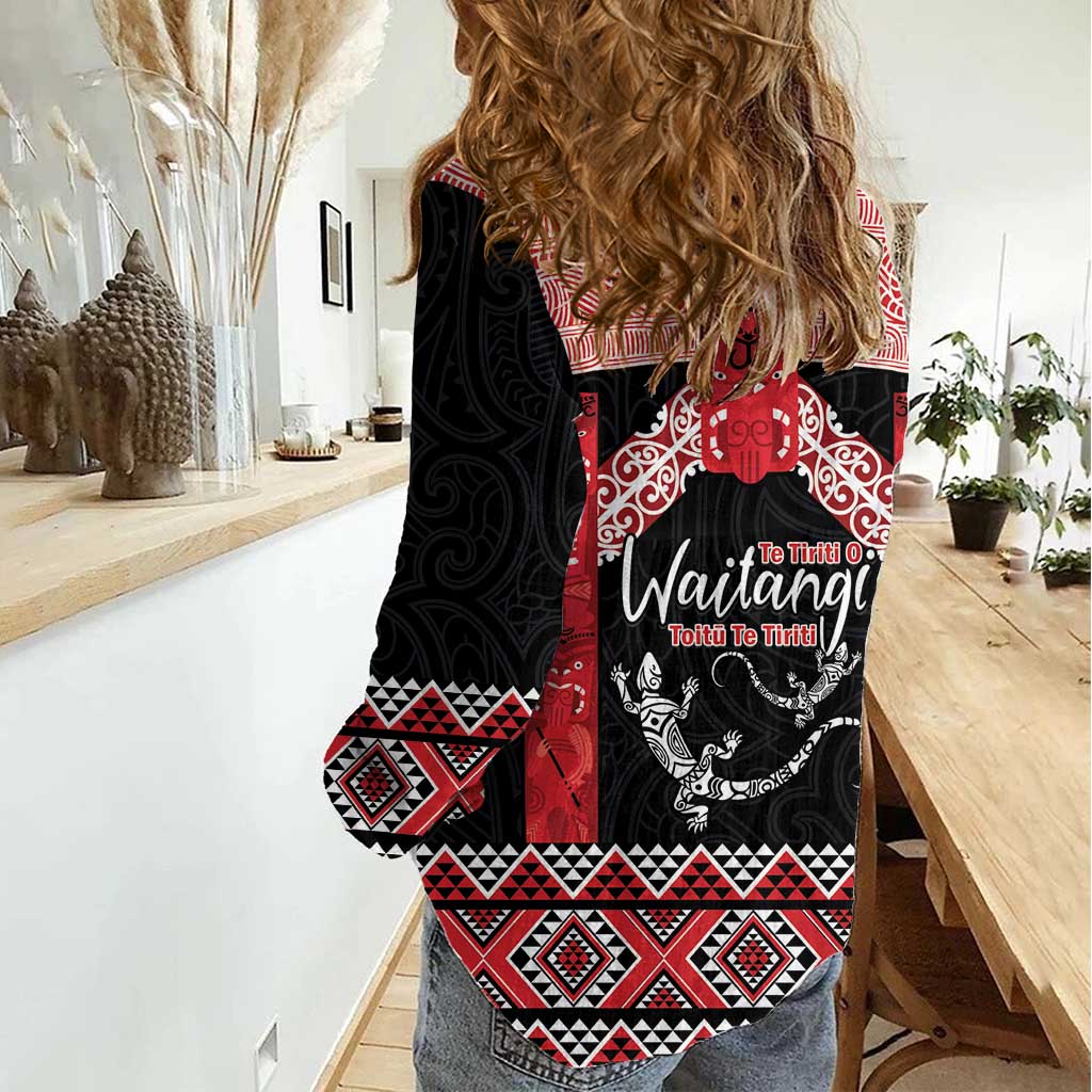 Toitu Te Tiriti O Waitangi Women Casual Shirt Maori Wharenui With Taniko Motifs LT14 - Polynesian Pride