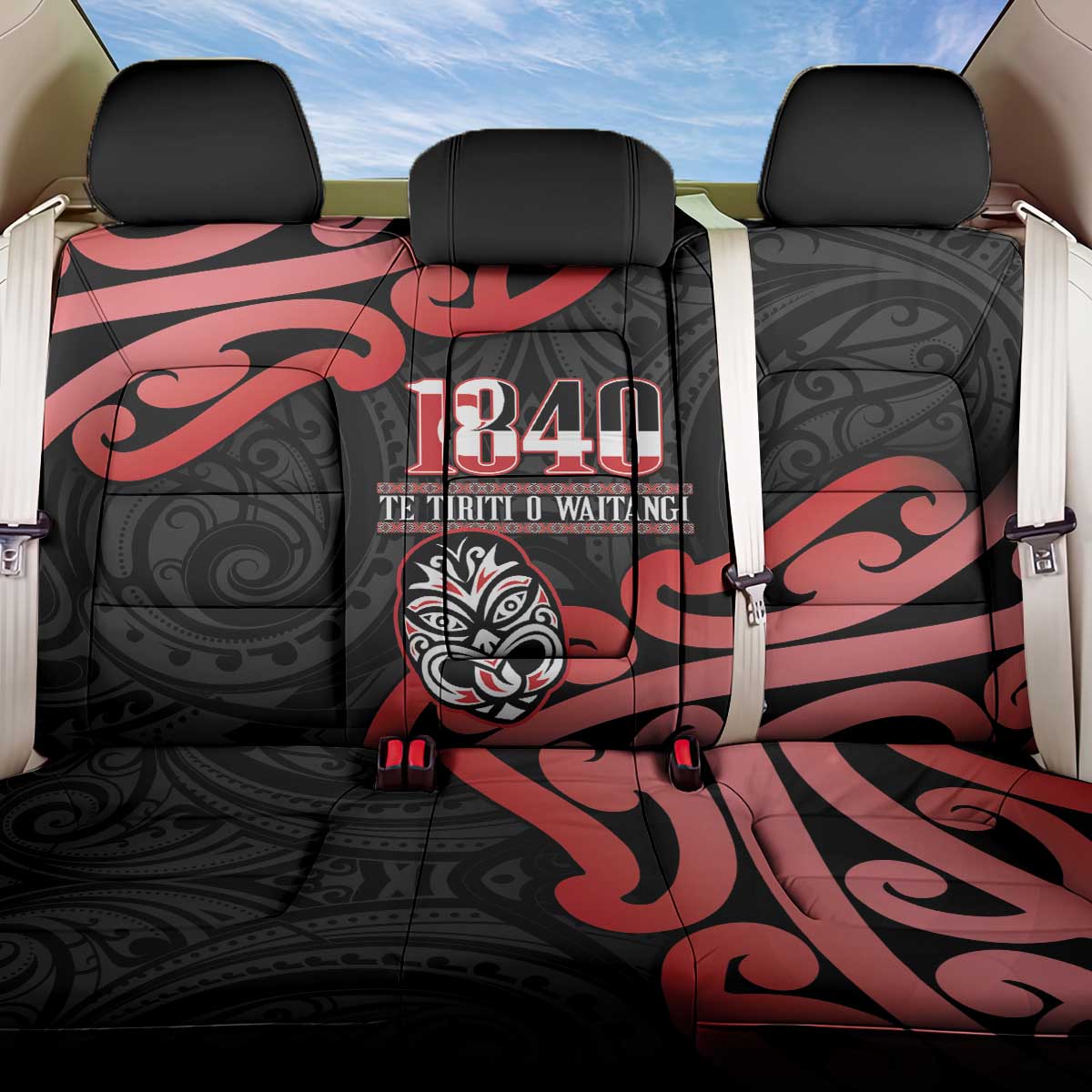 New Zealand 1840 Waitangi Day Back Car Seat Cover Aotearoa Haka Mask - Red Version LT14 One Size Red - Polynesian Pride