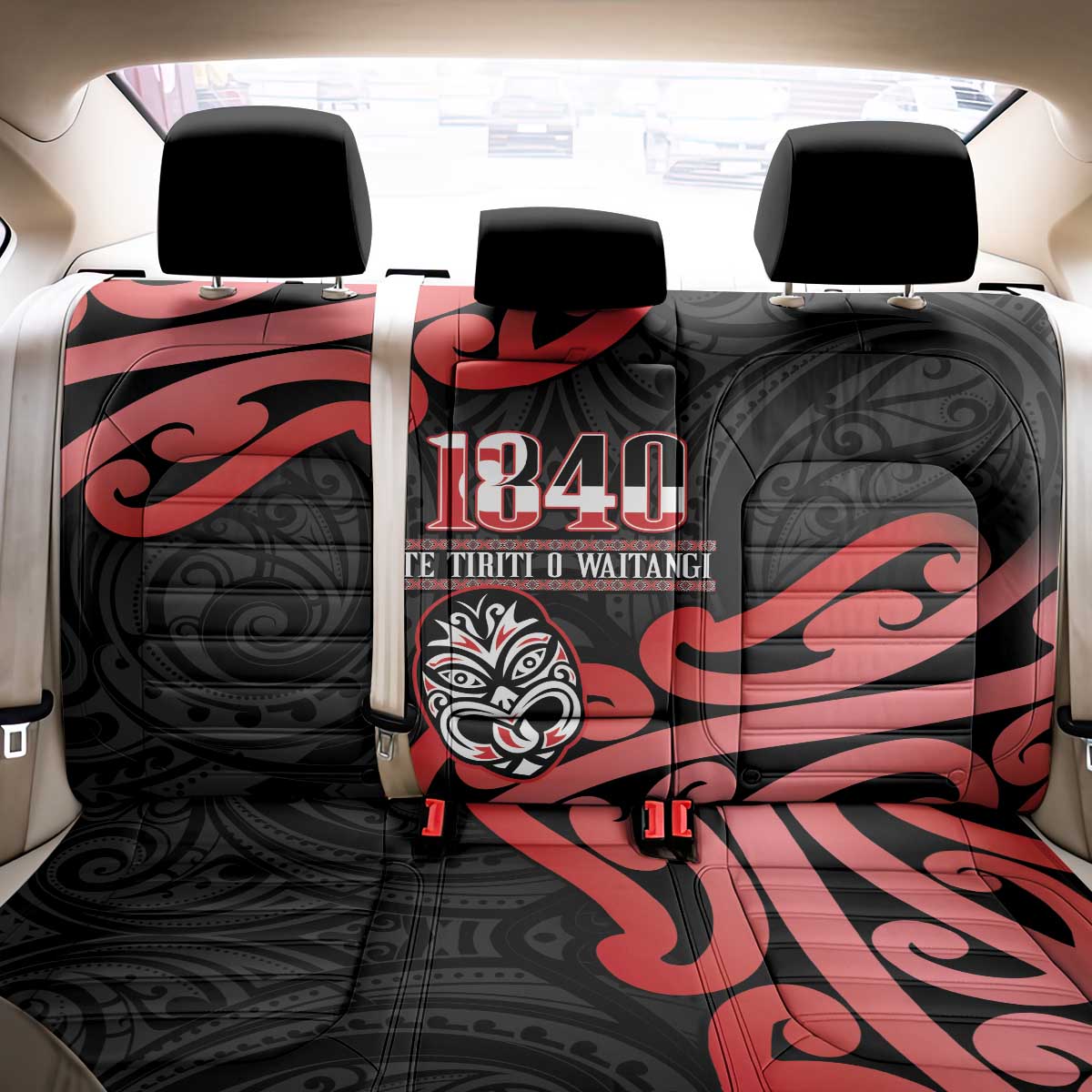 New Zealand 1840 Waitangi Day Back Car Seat Cover Aotearoa Haka Mask - Red Version LT14 - Polynesian Pride