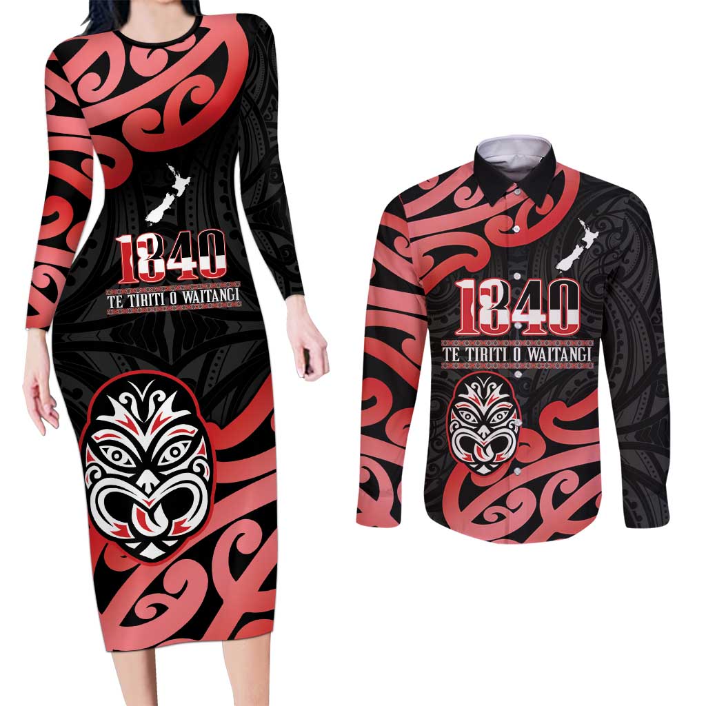New Zealand 1840 Waitangi Day Couples Matching Long Sleeve Bodycon Dress and Long Sleeve Button Shirt Aotearoa Haka Mask - Red Version LT14 Red - Polynesian Pride