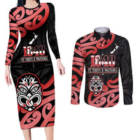New Zealand 1840 Waitangi Day Couples Matching Long Sleeve Bodycon Dress and Long Sleeve Button Shirt Aotearoa Haka Mask - Red Version LT14 Red - Polynesian Pride