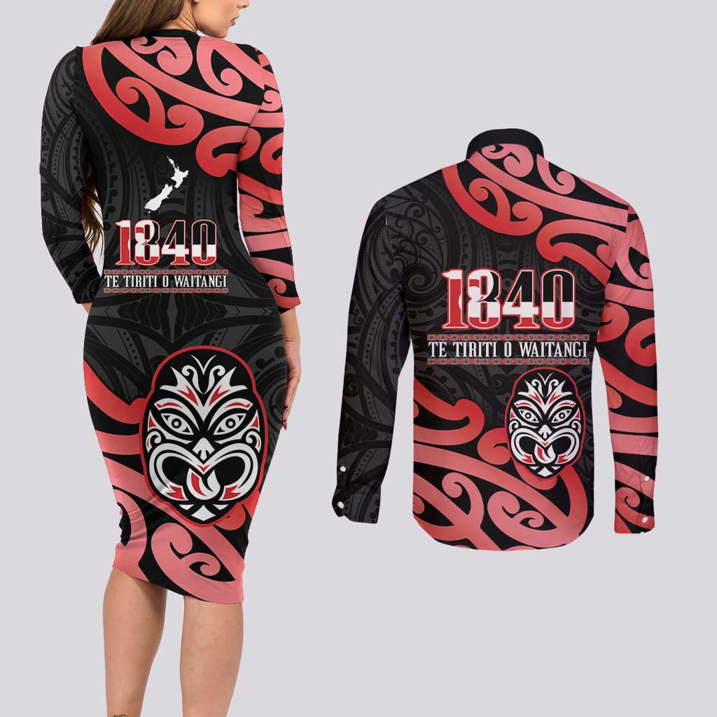 New Zealand 1840 Waitangi Day Couples Matching Long Sleeve Bodycon Dress and Long Sleeve Button Shirt Aotearoa Haka Mask - Red Version LT14 - Polynesian Pride