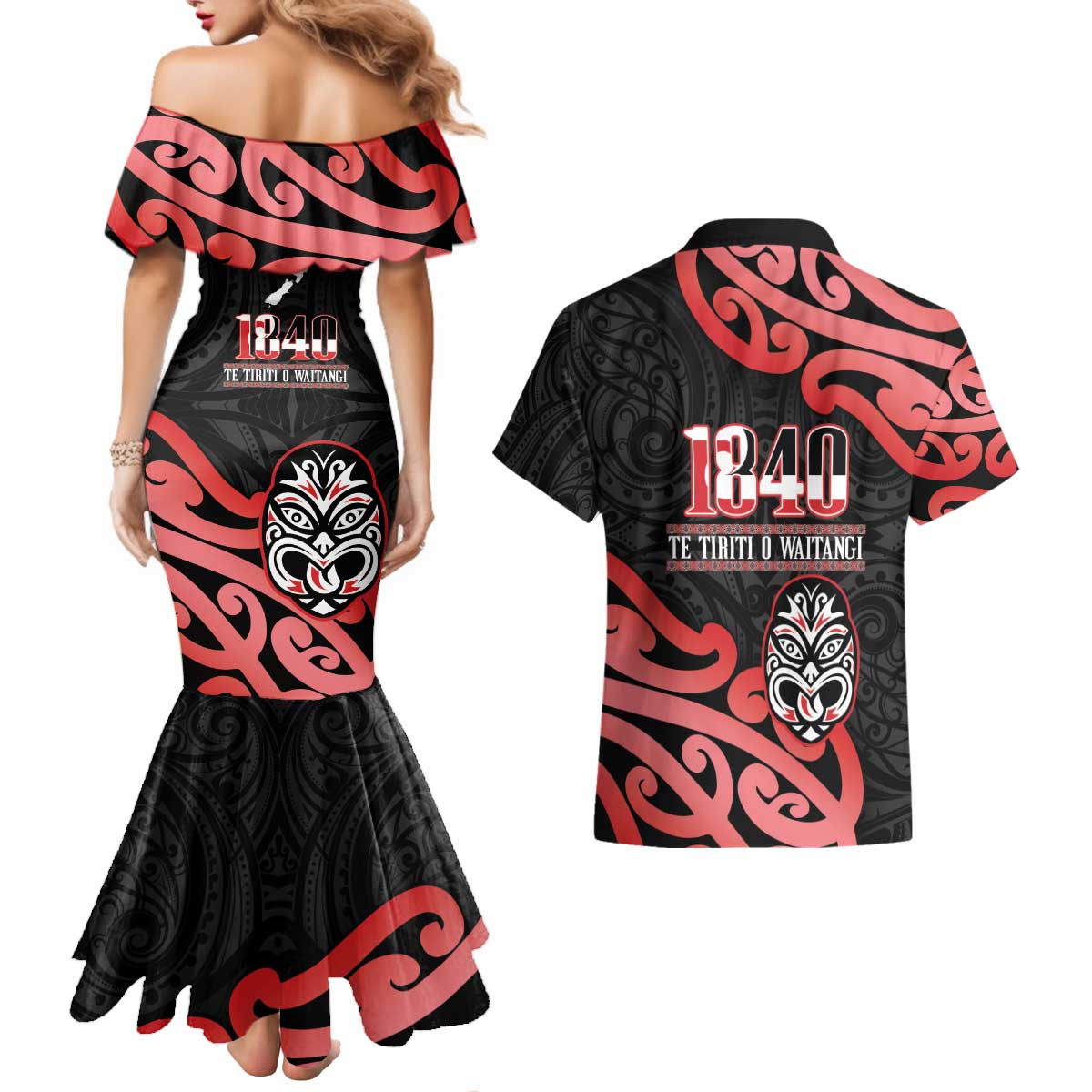 New Zealand 1840 Waitangi Day Couples Matching Mermaid Dress and Hawaiian Shirt Aotearoa Haka Mask - Red Version LT14 - Polynesian Pride