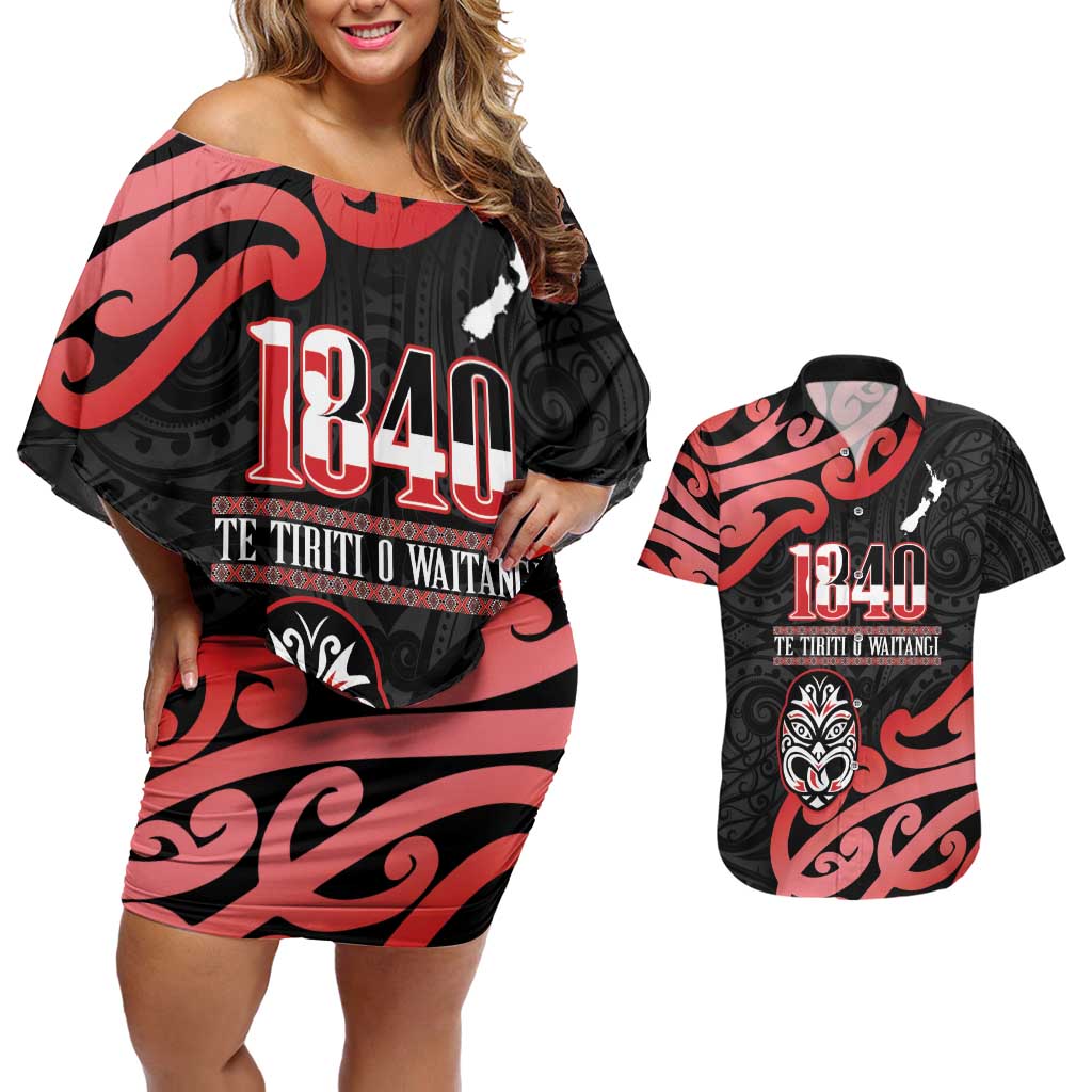 New Zealand 1840 Waitangi Day Couples Matching Off Shoulder Short Dress and Hawaiian Shirt Aotearoa Haka Mask - Red Version LT14 Red - Polynesian Pride
