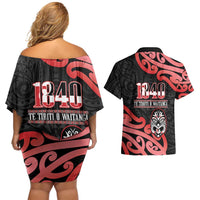 New Zealand 1840 Waitangi Day Couples Matching Off Shoulder Short Dress and Hawaiian Shirt Aotearoa Haka Mask - Red Version LT14 - Polynesian Pride