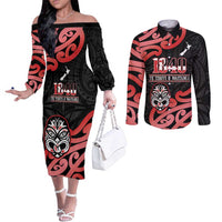 New Zealand 1840 Waitangi Day Couples Matching Off The Shoulder Long Sleeve Dress and Long Sleeve Button Shirt Aotearoa Haka Mask - Red Version LT14 Red - Polynesian Pride