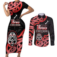 New Zealand 1840 Waitangi Day Couples Matching Short Sleeve Bodycon Dress and Long Sleeve Button Shirt Aotearoa Haka Mask - Red Version LT14 Red - Polynesian Pride