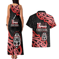 New Zealand 1840 Waitangi Day Couples Matching Tank Maxi Dress and Hawaiian Shirt Aotearoa Haka Mask - Red Version LT14 - Polynesian Pride