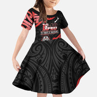 New Zealand 1840 Waitangi Day Family Matching Long Sleeve Bodycon Dress and Hawaiian Shirt Aotearoa Haka Mask - Red Version LT14 Daughter's Dress Red - Polynesian Pride