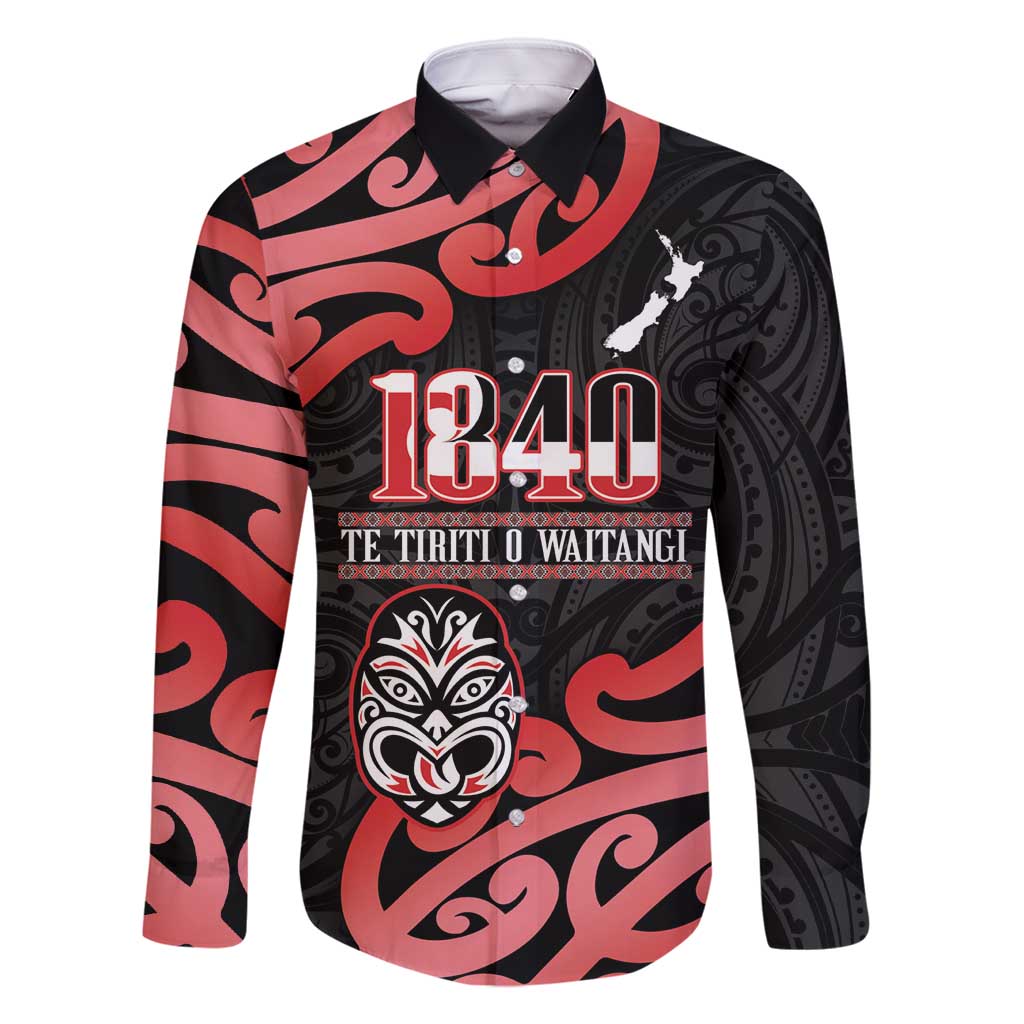 New Zealand 1840 Waitangi Day Family Matching Long Sleeve Bodycon Dress and Hawaiian Shirt Aotearoa Haka Mask - Red Version LT14 Dad's Shirt - Long Sleeve Red - Polynesian Pride