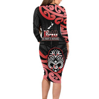 New Zealand 1840 Waitangi Day Family Matching Long Sleeve Bodycon Dress and Hawaiian Shirt Aotearoa Haka Mask - Red Version LT14 - Polynesian Pride