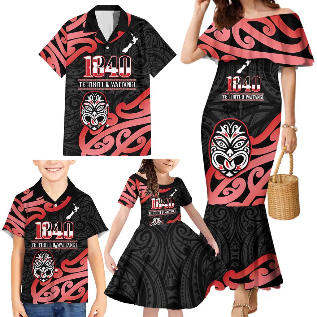 New Zealand 1840 Waitangi Day Family Matching Mermaid Dress and Hawaiian Shirt Aotearoa Haka Mask - Red Version LT14 - Polynesian Pride