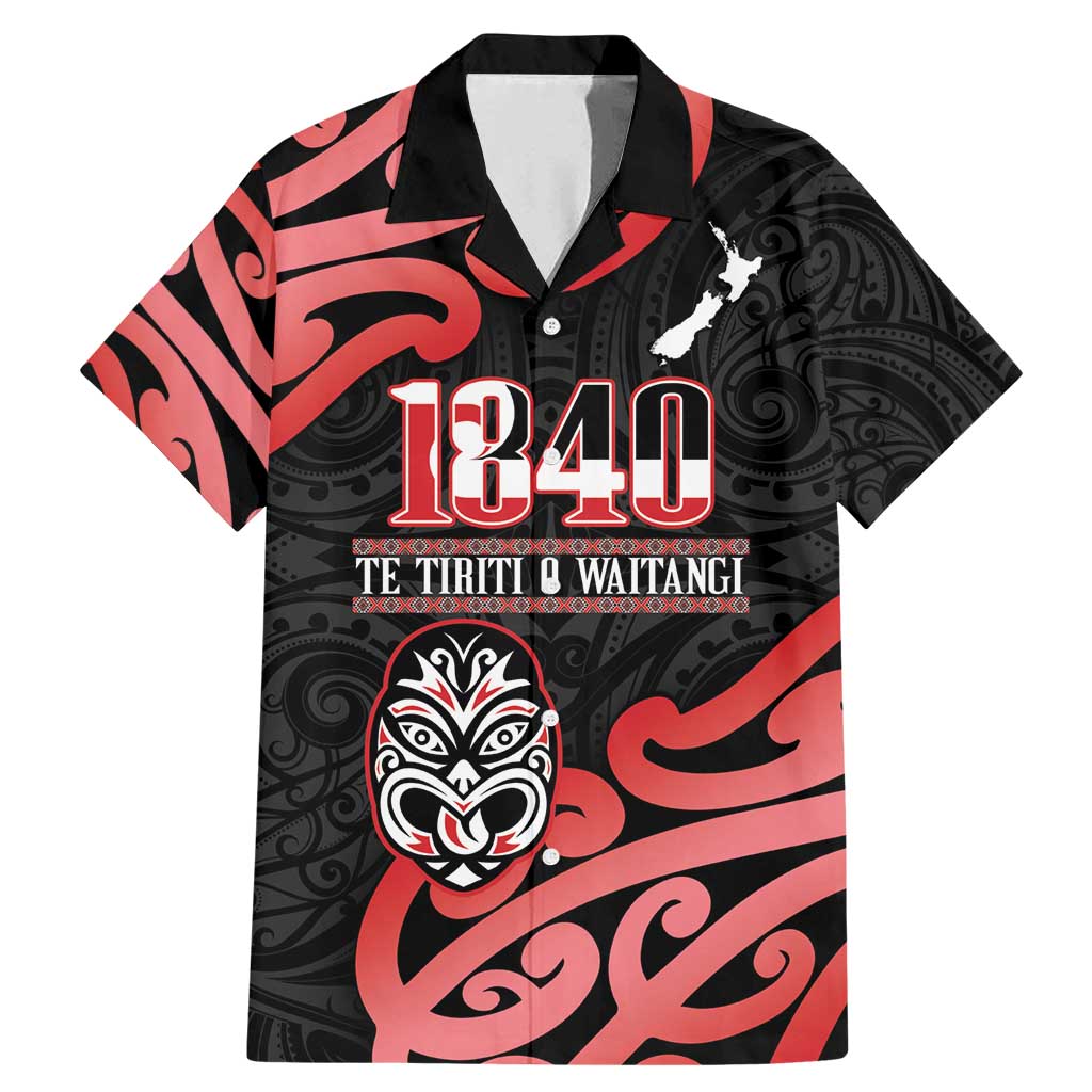 New Zealand 1840 Waitangi Day Family Matching Mermaid Dress and Hawaiian Shirt Aotearoa Haka Mask - Red Version LT14 Dad's Shirt - Short Sleeve Red - Polynesian Pride