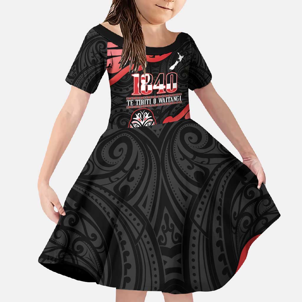 New Zealand 1840 Waitangi Day Family Matching Off Shoulder Maxi Dress and Hawaiian Shirt Aotearoa Haka Mask - Red Version LT14 Daughter's Dress Red - Polynesian Pride