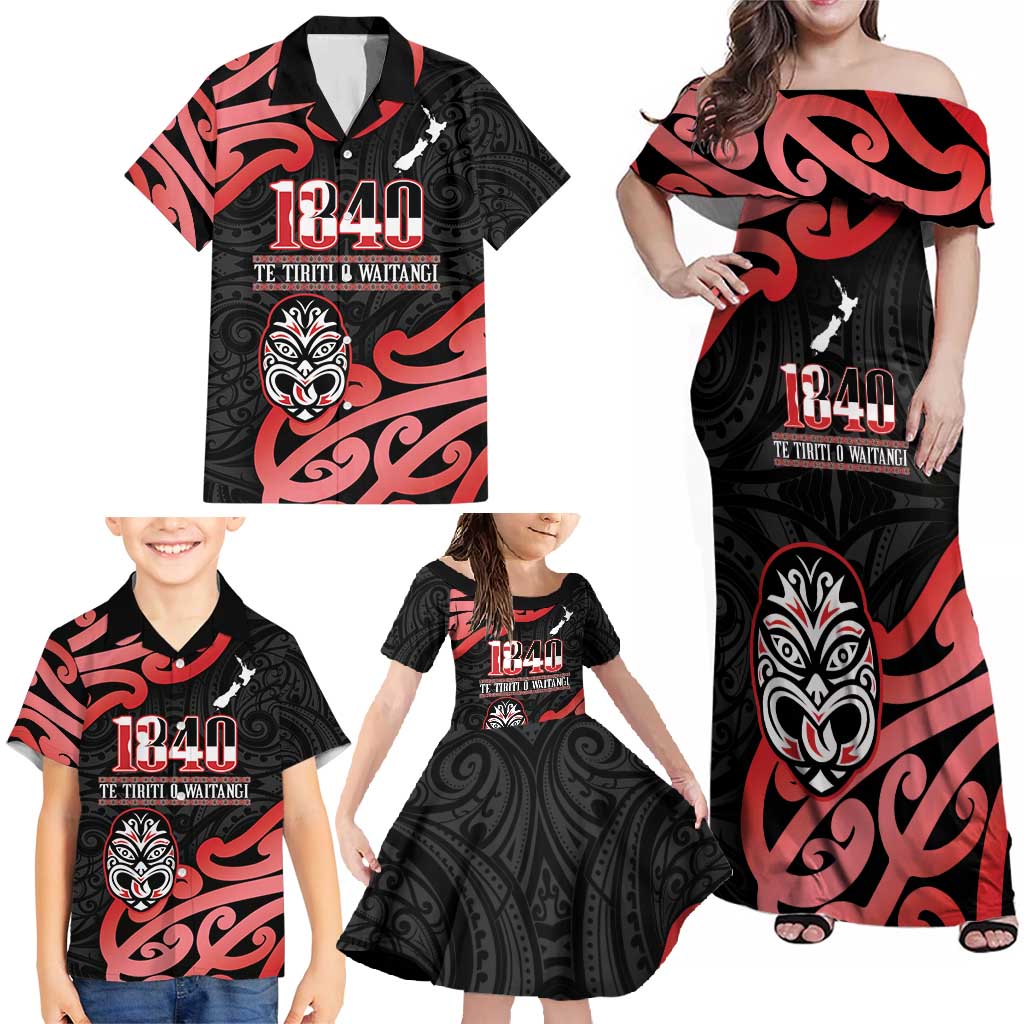 New Zealand 1840 Waitangi Day Family Matching Off Shoulder Maxi Dress and Hawaiian Shirt Aotearoa Haka Mask - Red Version LT14 - Polynesian Pride