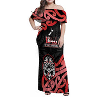 New Zealand 1840 Waitangi Day Family Matching Off Shoulder Maxi Dress and Hawaiian Shirt Aotearoa Haka Mask - Red Version LT14 Mom's Dress Red - Polynesian Pride