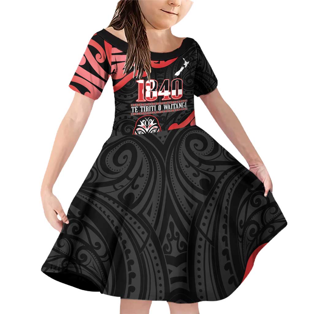 New Zealand 1840 Waitangi Day Family Matching Off Shoulder Short Dress and Hawaiian Shirt Aotearoa Haka Mask - Red Version LT14 Daughter's Dress Red - Polynesian Pride