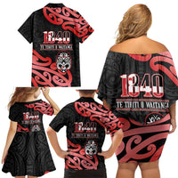 New Zealand 1840 Waitangi Day Family Matching Off Shoulder Short Dress and Hawaiian Shirt Aotearoa Haka Mask - Red Version LT14 - Polynesian Pride