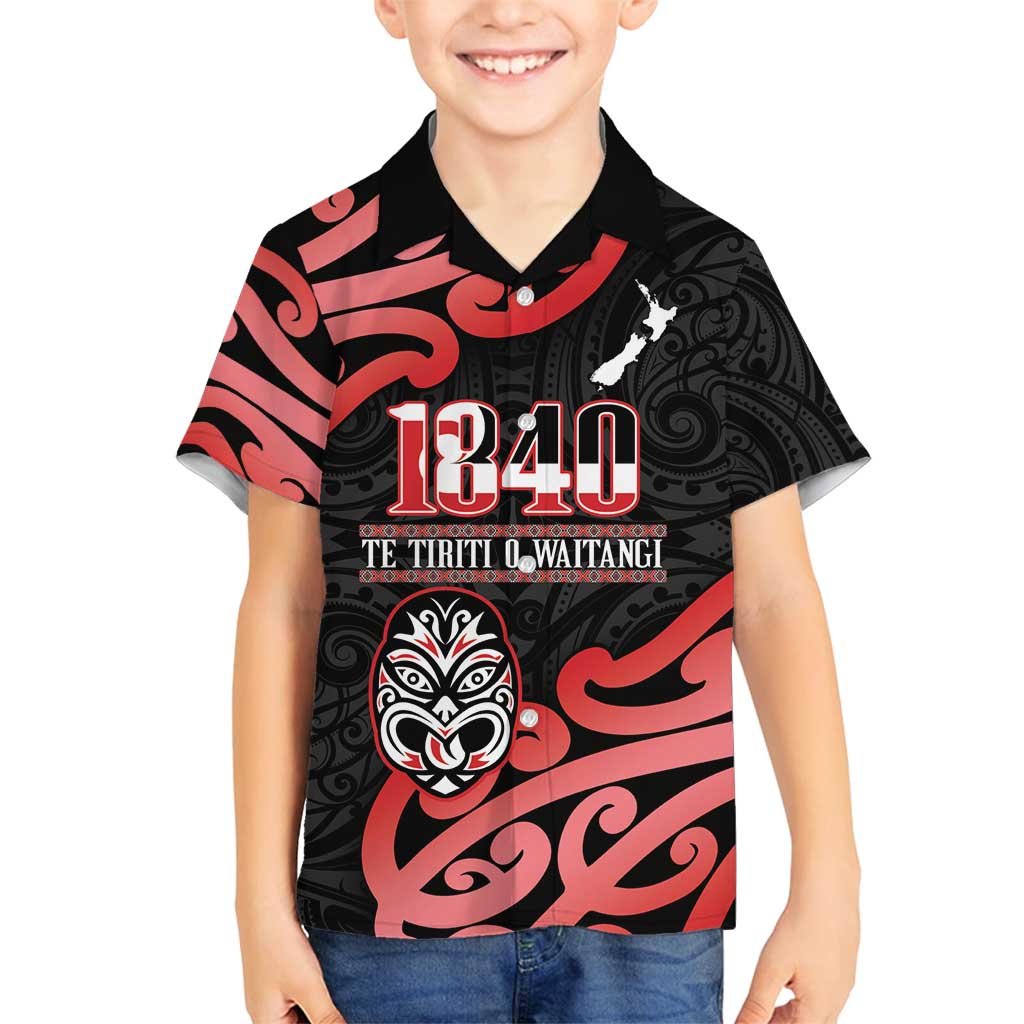 New Zealand 1840 Waitangi Day Family Matching Puletasi and Hawaiian Shirt Aotearoa Haka Mask - Red Version LT14 Son's Shirt Red - Polynesian Pride