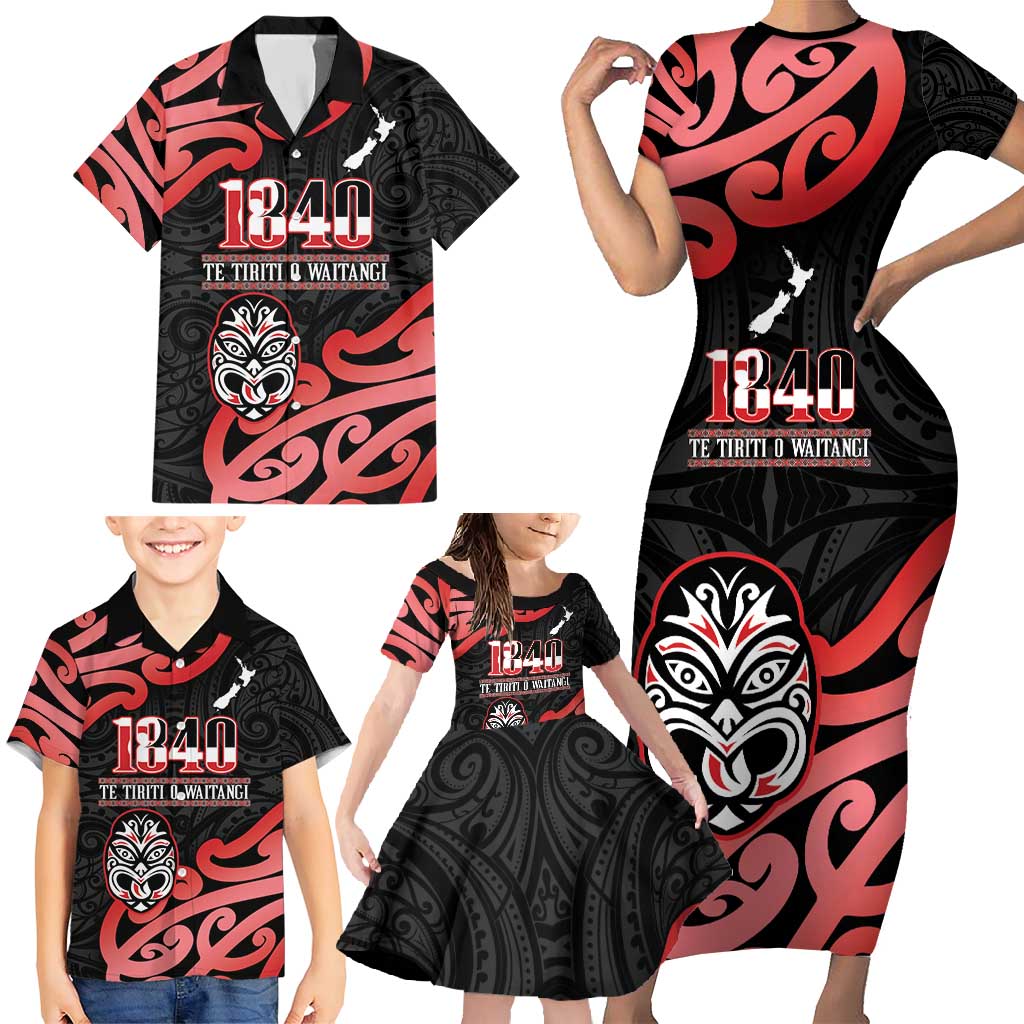 New Zealand 1840 Waitangi Day Family Matching Short Sleeve Bodycon Dress and Hawaiian Shirt Aotearoa Haka Mask - Red Version LT14 - Polynesian Pride