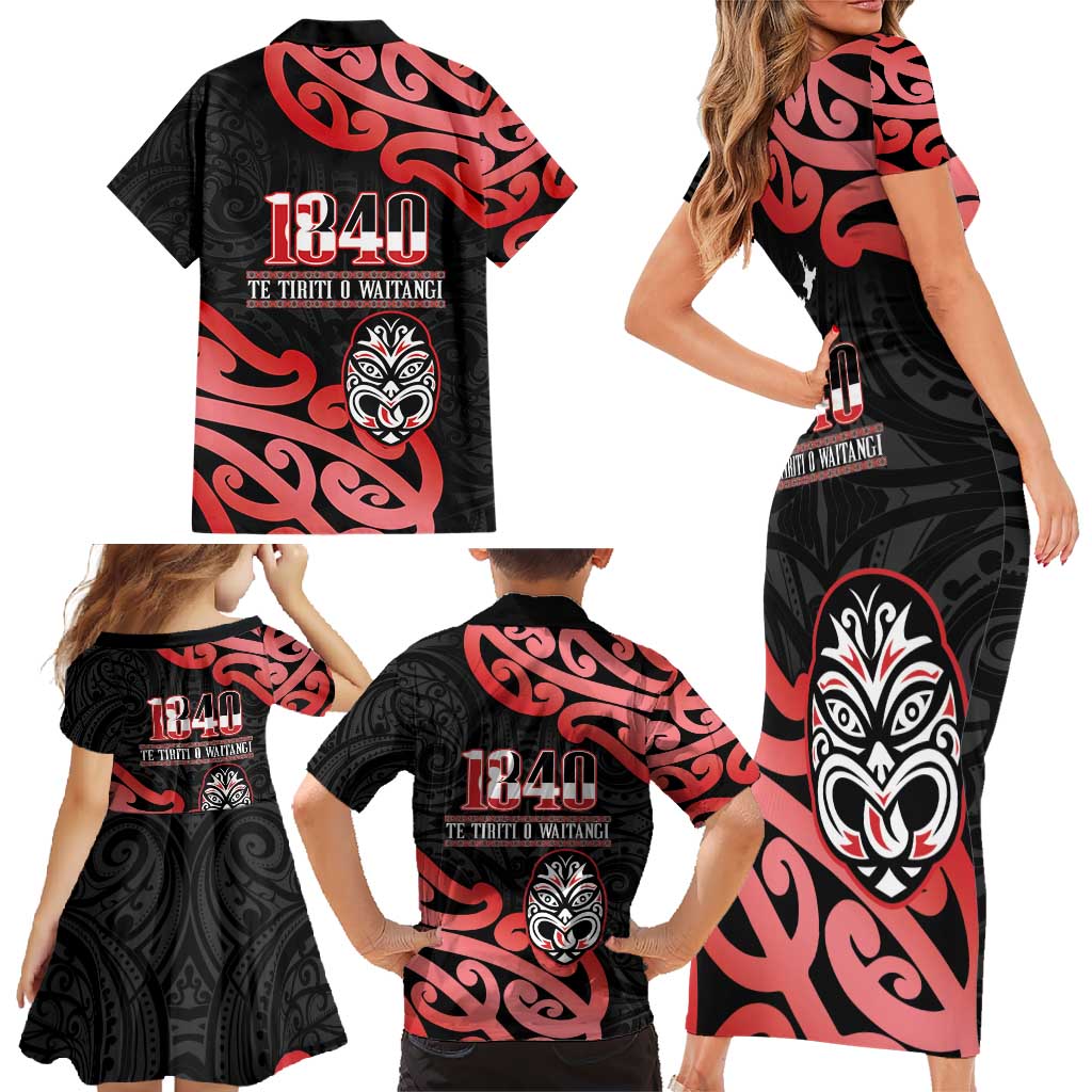New Zealand 1840 Waitangi Day Family Matching Short Sleeve Bodycon Dress and Hawaiian Shirt Aotearoa Haka Mask - Red Version LT14 - Polynesian Pride