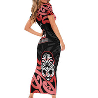 New Zealand 1840 Waitangi Day Family Matching Short Sleeve Bodycon Dress and Hawaiian Shirt Aotearoa Haka Mask - Red Version LT14 - Polynesian Pride