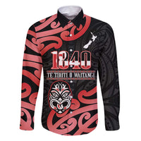 New Zealand 1840 Waitangi Day Family Matching Summer Maxi Dress and Hawaiian Shirt Aotearoa Haka Mask - Red Version LT14 Dad's Shirt - Long Sleeve Red - Polynesian Pride
